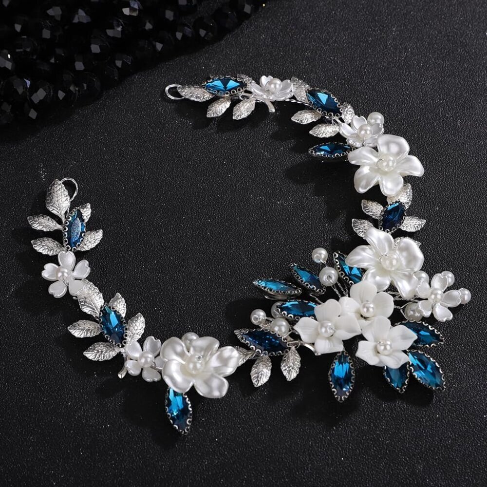 White Flower Silver Leaves Lake Blue Rhinestone Headband for Wedding Bridesmaid